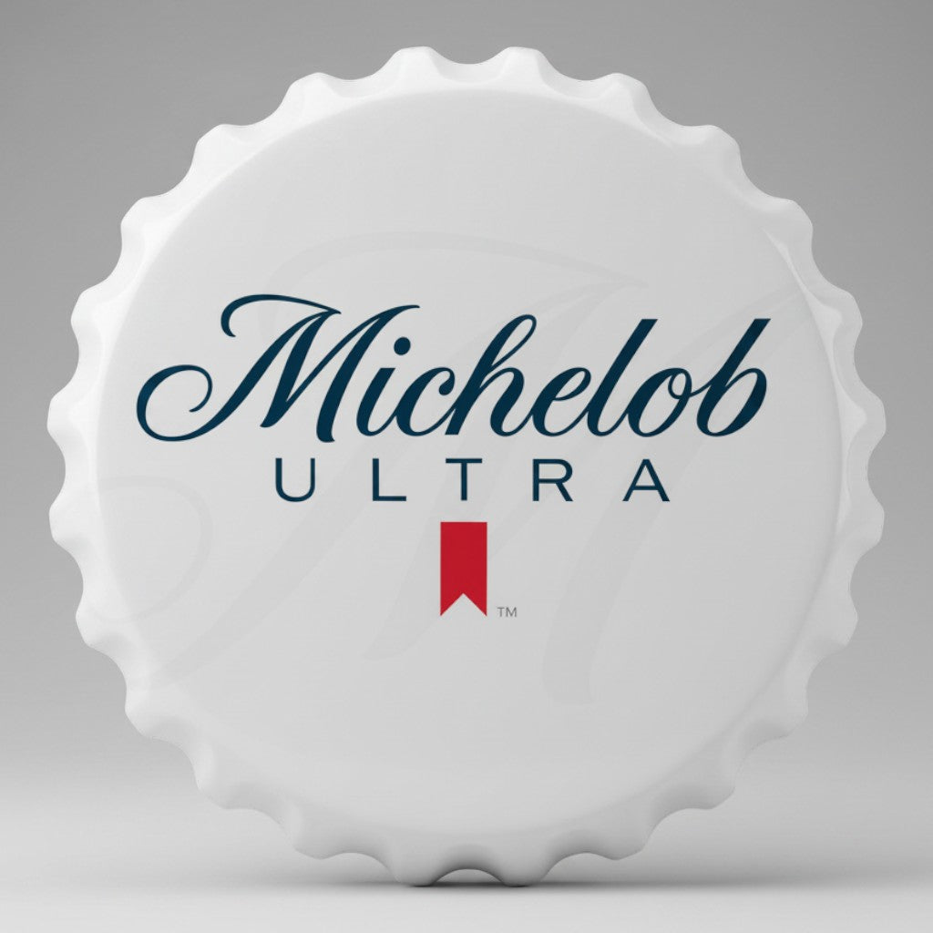 Jones Peak Michelob Ultra metal bottle cap sign with white finish, navy script, and red ribbon logo for home bars.