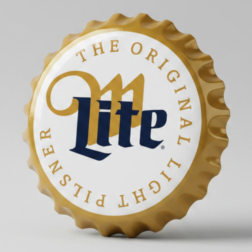 Jones Peak Miller Lite bottle cap metal sign with gold rim, white field, and blue logo for home bars and garages.