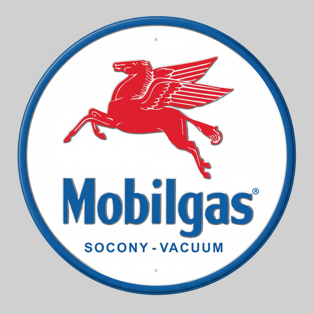 Jones Peak round embossed metal Mobilgas sign featuring the iconic red Pegasus logo on a white background.