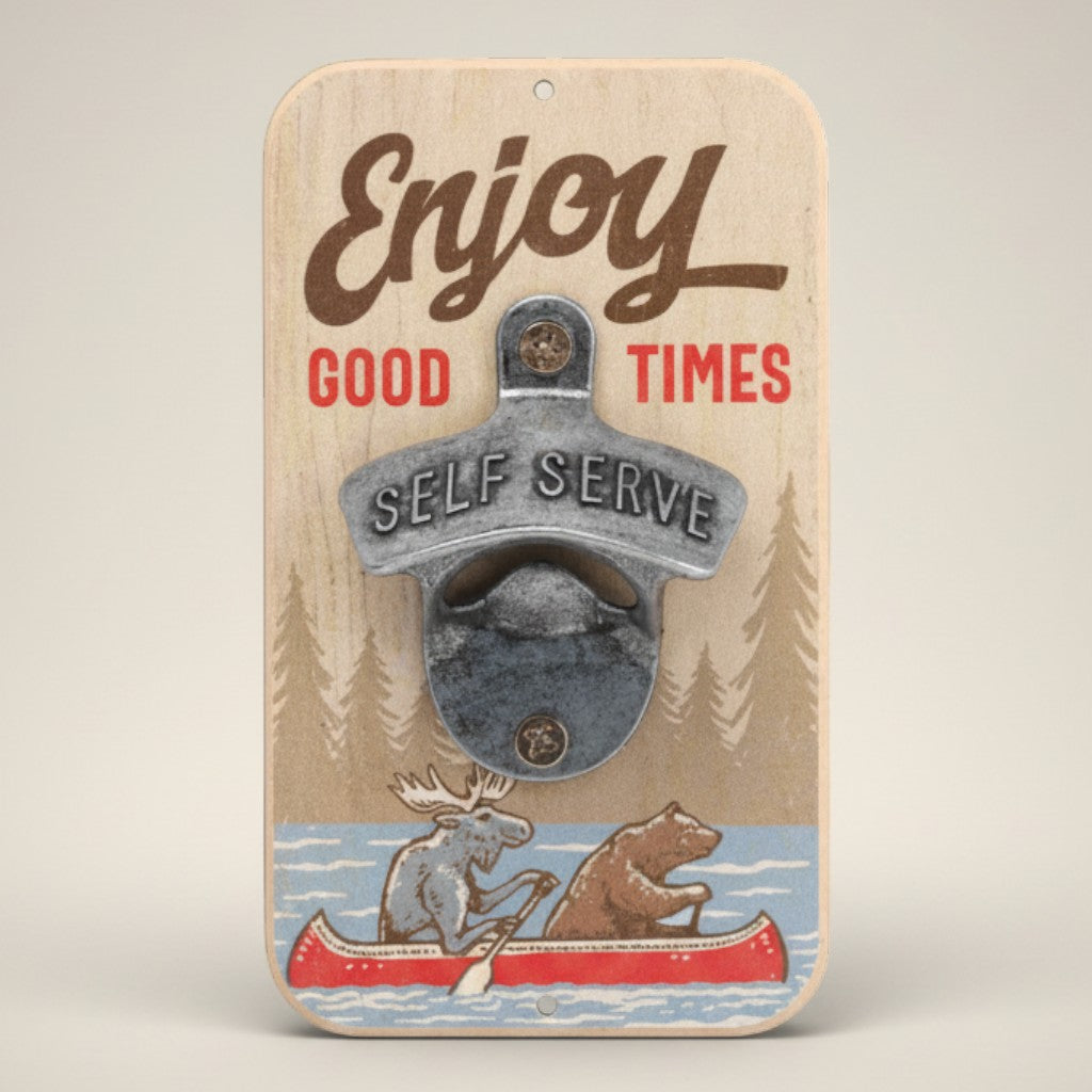 Jones Peak Enjoy Good Times wall bottle opener with moose and bear in a canoe graphic, made of hardwood.