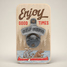 Jones Peak Enjoy Good Times wall bottle opener with moose and bear in a canoe graphic, made of hardwood.
