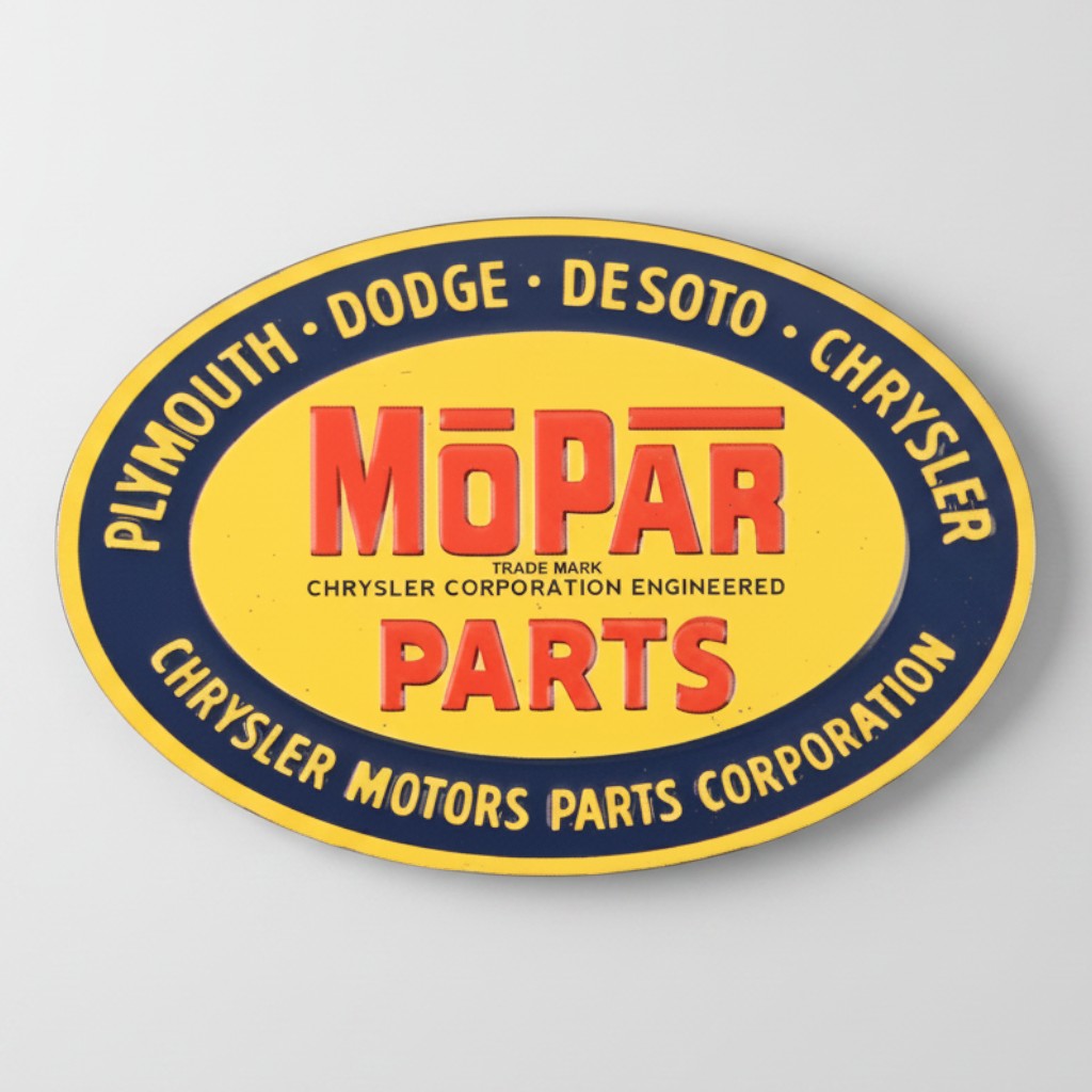 Jones Peak Mopar Parts embossed metal magnet with vintage yellow and blue oval design for garage or fridge decor.