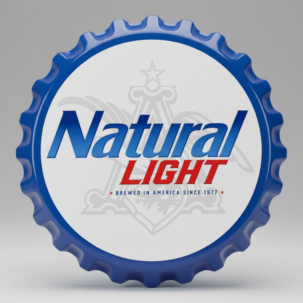 Jones Peak Natural Light metal bottle cap sign with blue and white logo for home bar wall decor