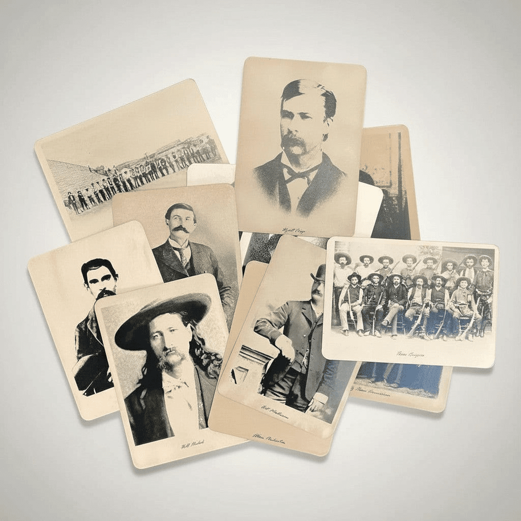 Overlapping sepia-toned portraits and group photographs from the Lawmen of the Old West photo set.