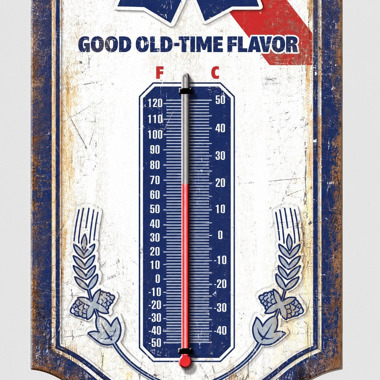 Jones Peak Pabst Blue Ribbon embossed metal thermometer with vintage patina finish and Fahrenheit and Celsius scales.