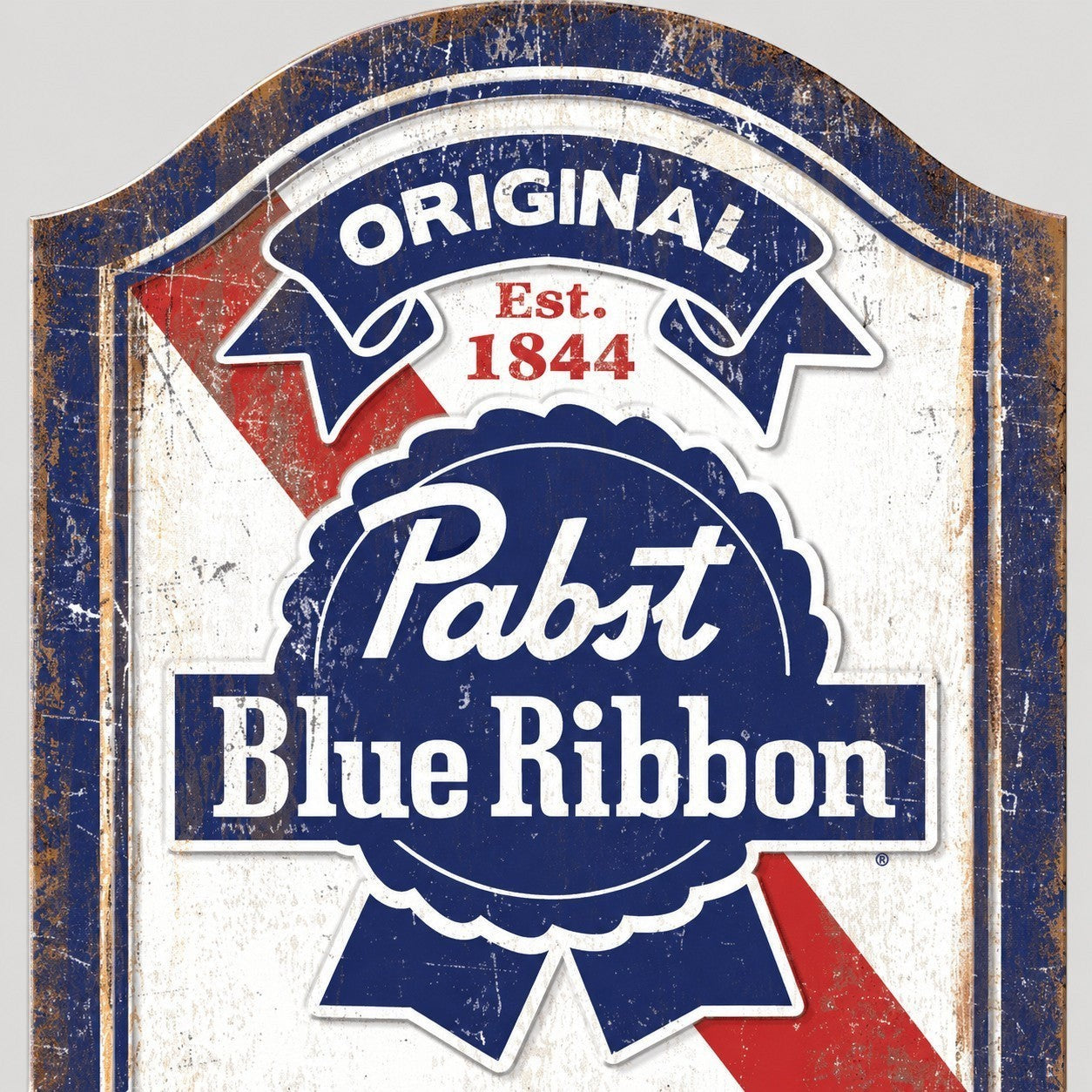 Jones Peak Pabst Blue Ribbon embossed metal thermometer with vintage distressed finish and classic beer branding.