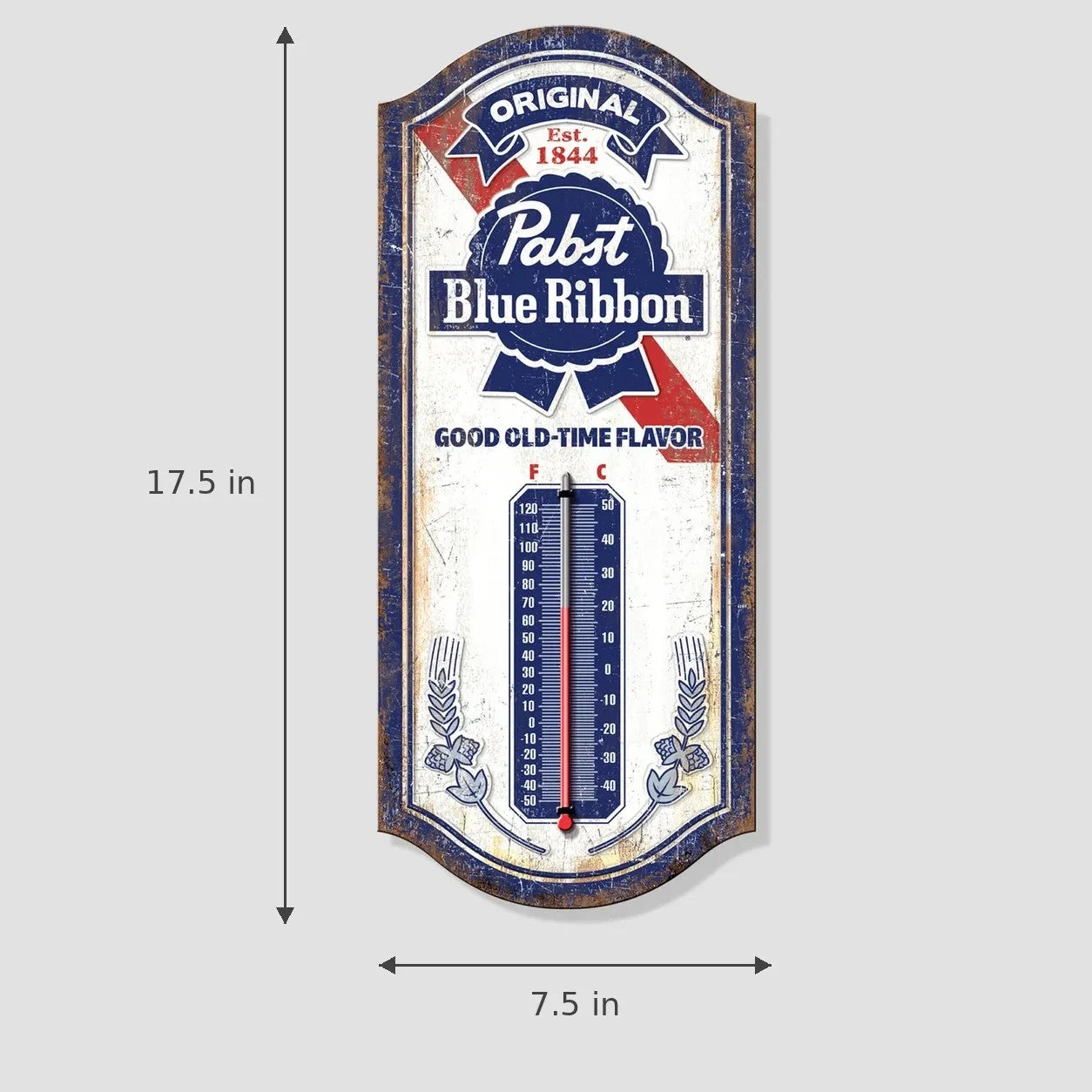 Jones Peak Pabst Blue Ribbon embossed metal thermometer with vintage patina finish for home bars and garages.