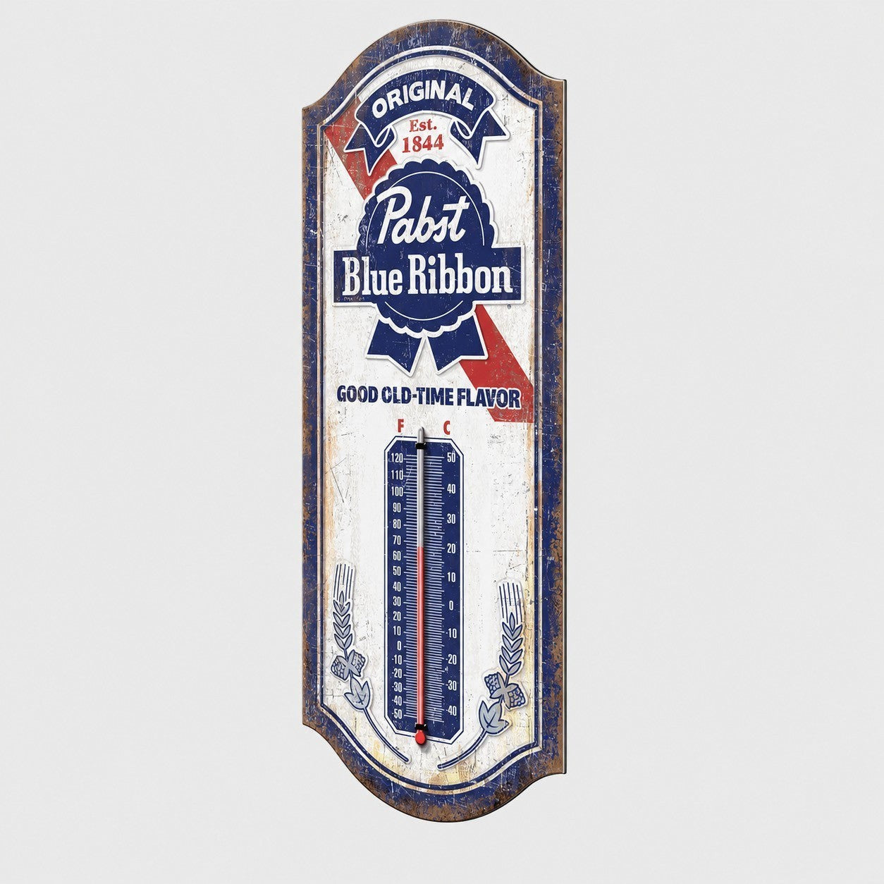 Jones Peak Pabst Blue Ribbon embossed metal thermometer with a vintage patina finish for wall decor.