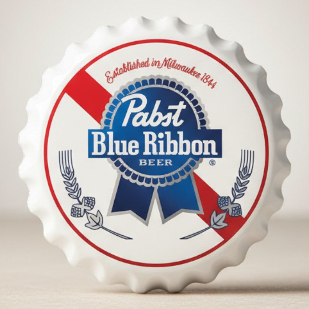 Pabst Blue Ribbon bottle cap metal sign with white background, red stripe and blue Pabst logo