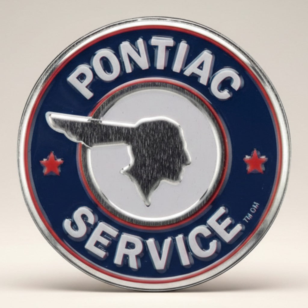 Jones Peak Pontiac Service round embossed metal magnet with red, white, and blue logo.