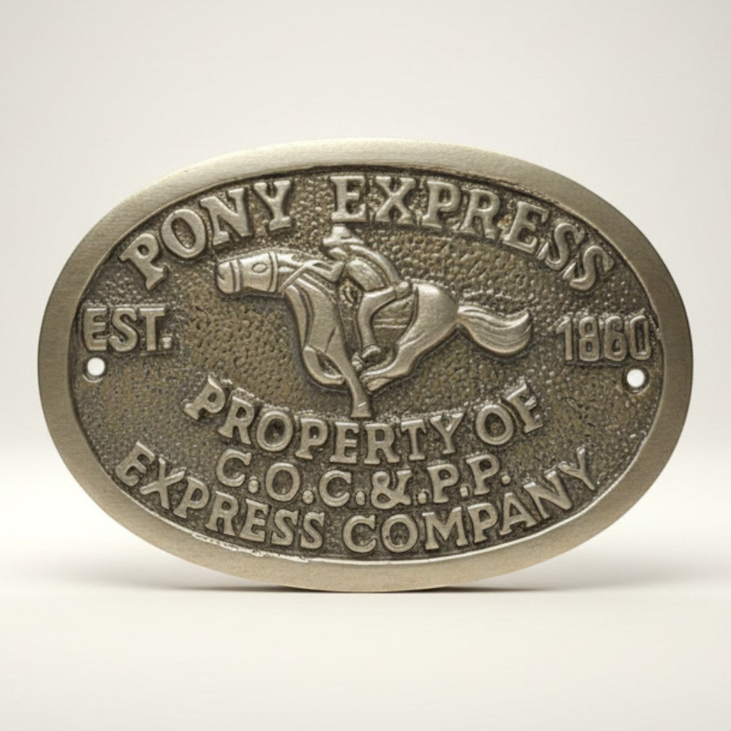 Jones Peak Pony Express 1860 solid brass plaque with antique patina finish and embossed rider on horseback.