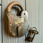 Jones Peak Pony Express 1860 cast iron lock with brass tag and keys, antique distressed finish.