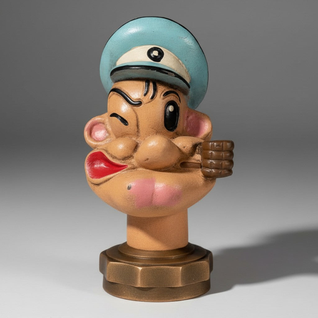 Jones Peak cast iron Popeye radiator cap with hand-painted antique patina finish for vintage automotive decor.