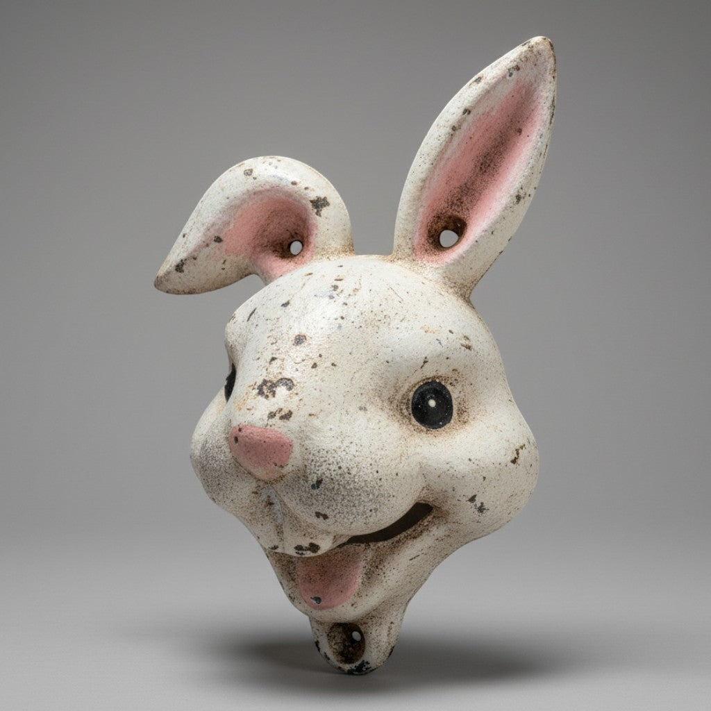 Jones Peak vintage-style white cast iron rabbit wall-mounted bottle opener with distressed finish and pink accents
