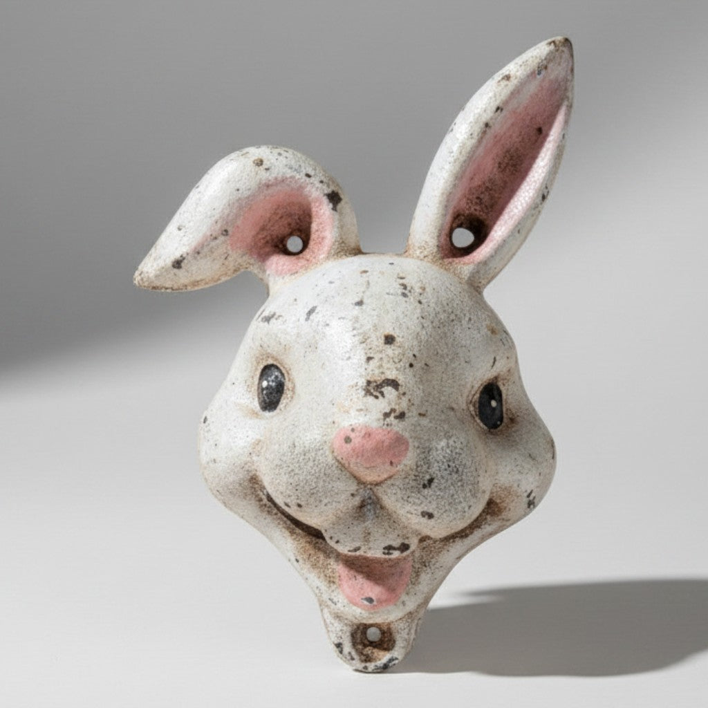 Rabbit cast iron wall bottle opener with distressed white finish and pink accents