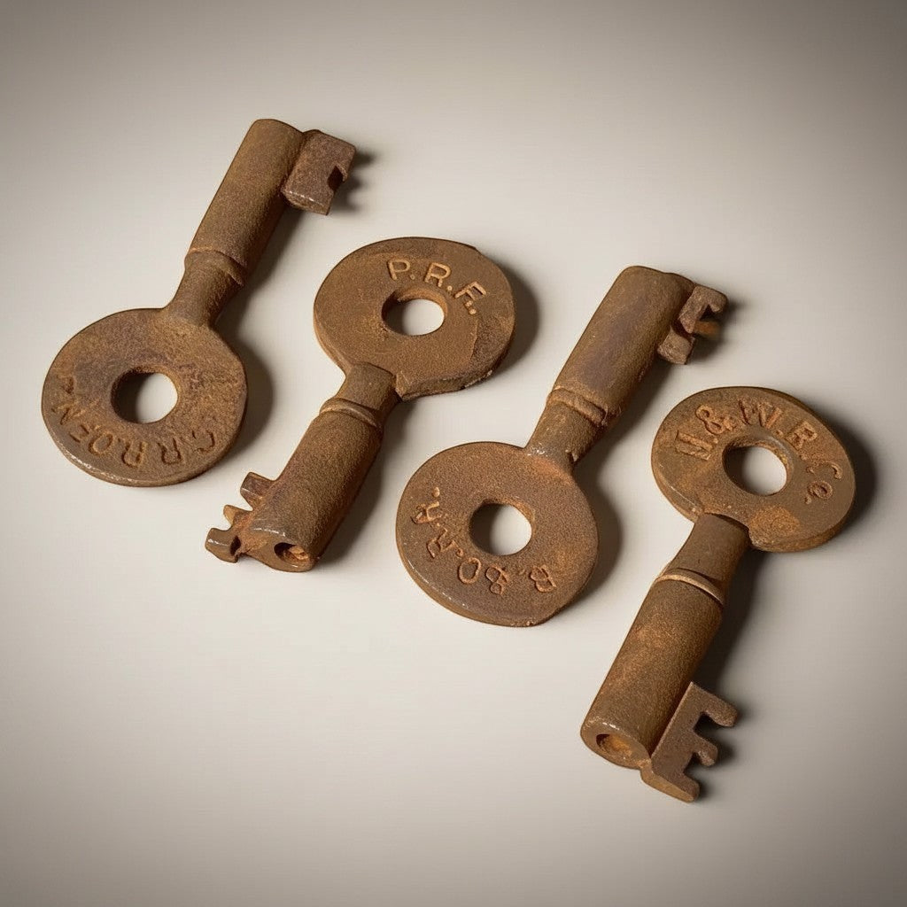Jones Peak set of 4 antique cast iron railroad keys with train initials, distressed finish.