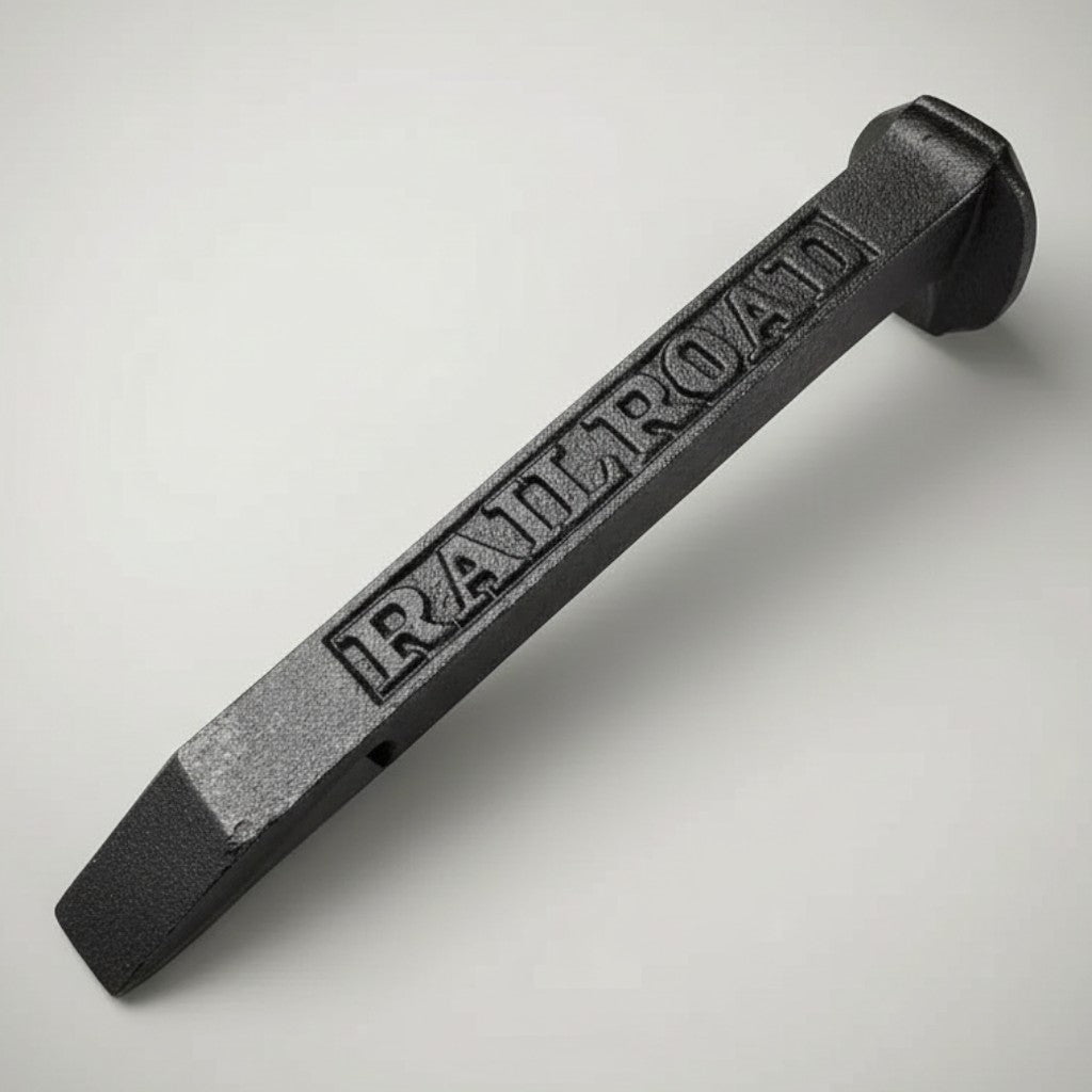 Jones Peak black cast iron railroad spike bottle opener with embossed lettering