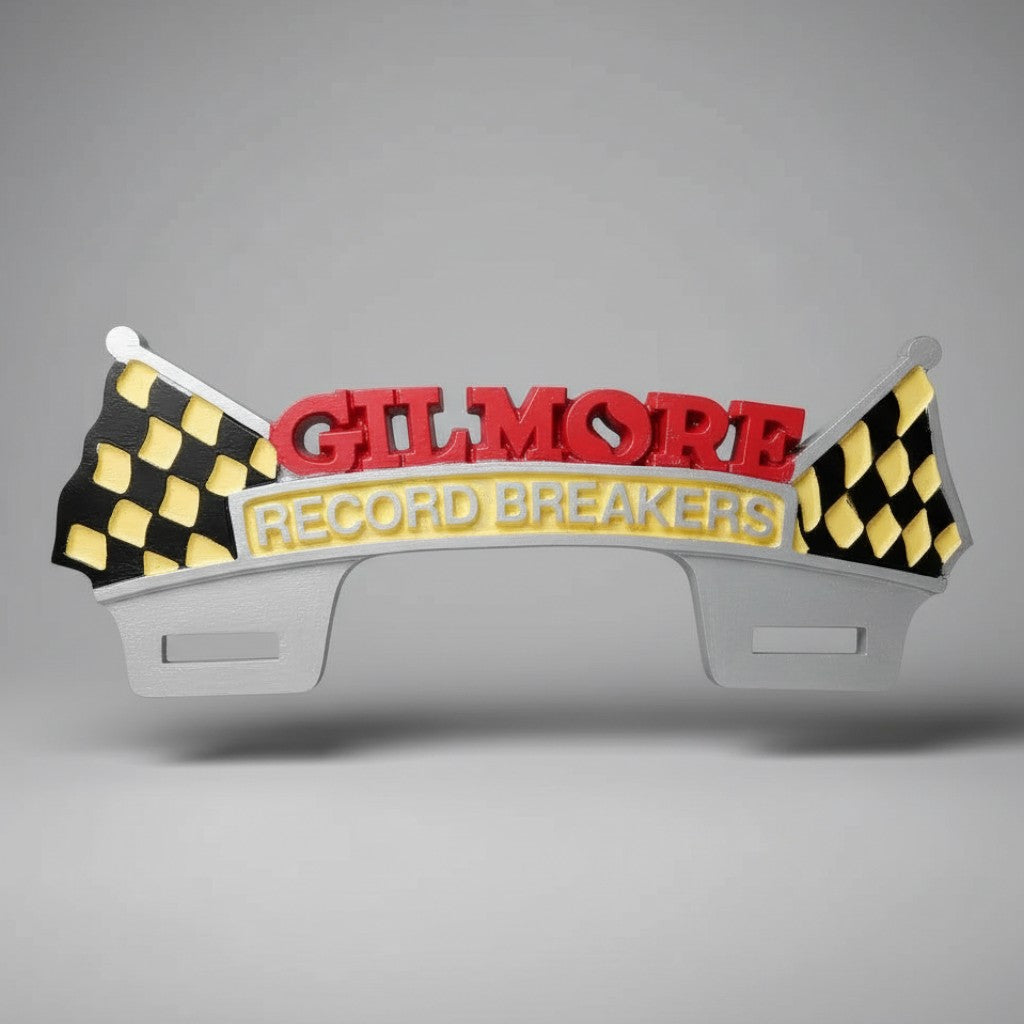 Jones Peak vintage-style aluminum license plate topper featuring checkered flags and Gilmore Record Breakers text.