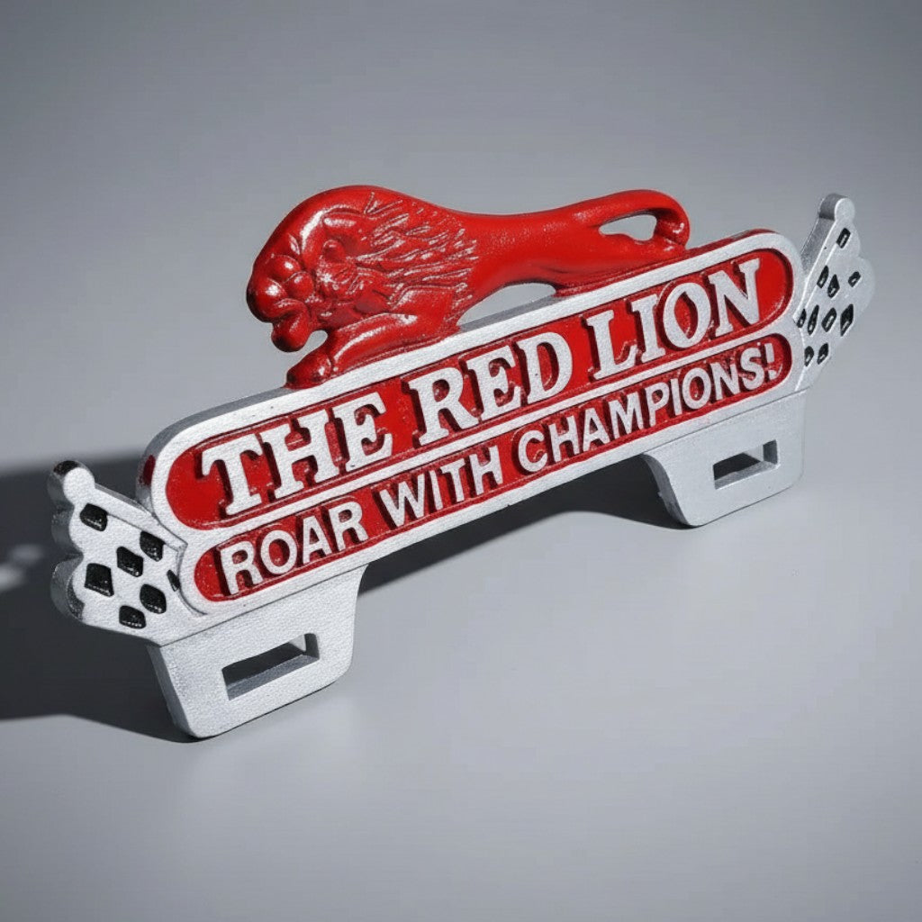 Jones Peak Red Lion FOB license plate topper with antique red and silver finish and checkered flag accents.