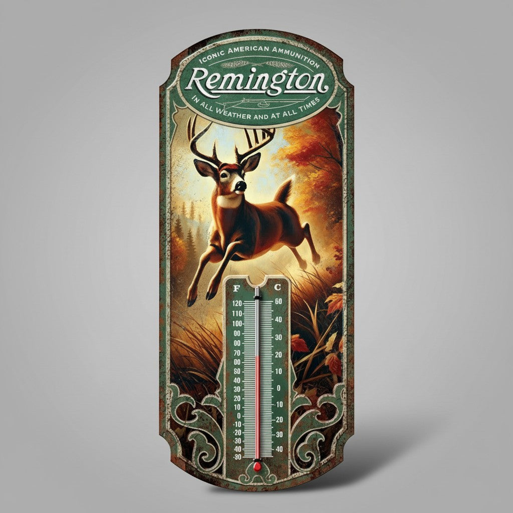 Jones Peak Remington Iconic American Ammunition thermometer with a leaping deer graphic and vintage patina finish.