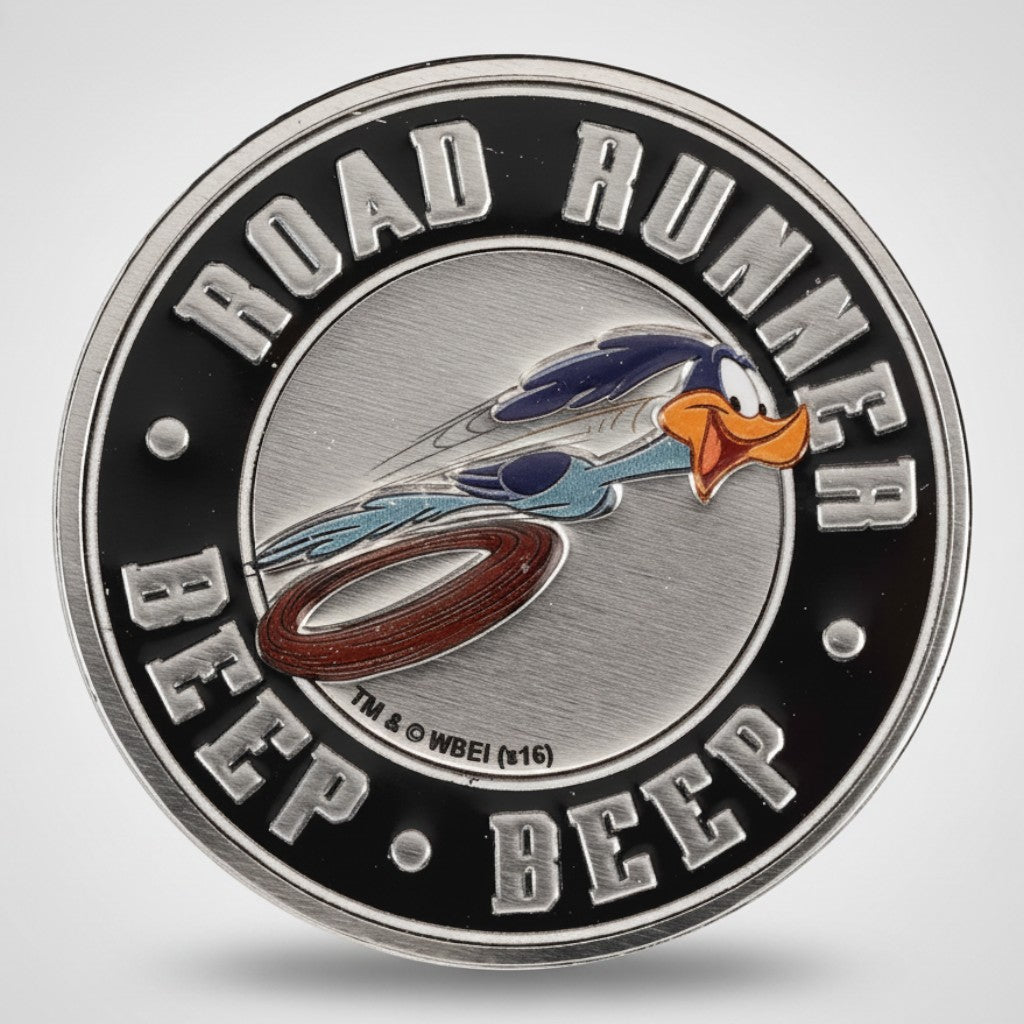Jones Peak Road Runner Beep Beep silver embossed metal magnet with brushed finish and black border