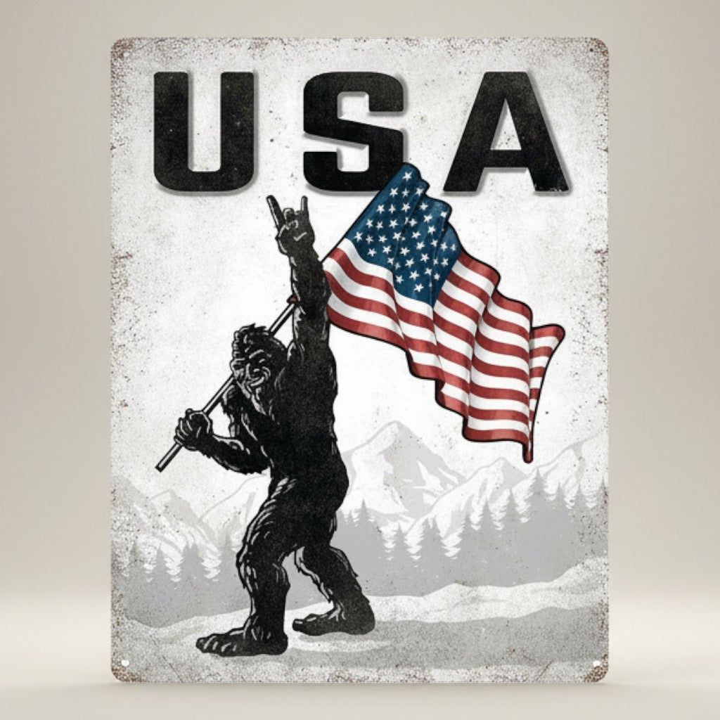 Jones Peak USA Sasquatch metal sign with American flag and mountains. Rustic wall decor.