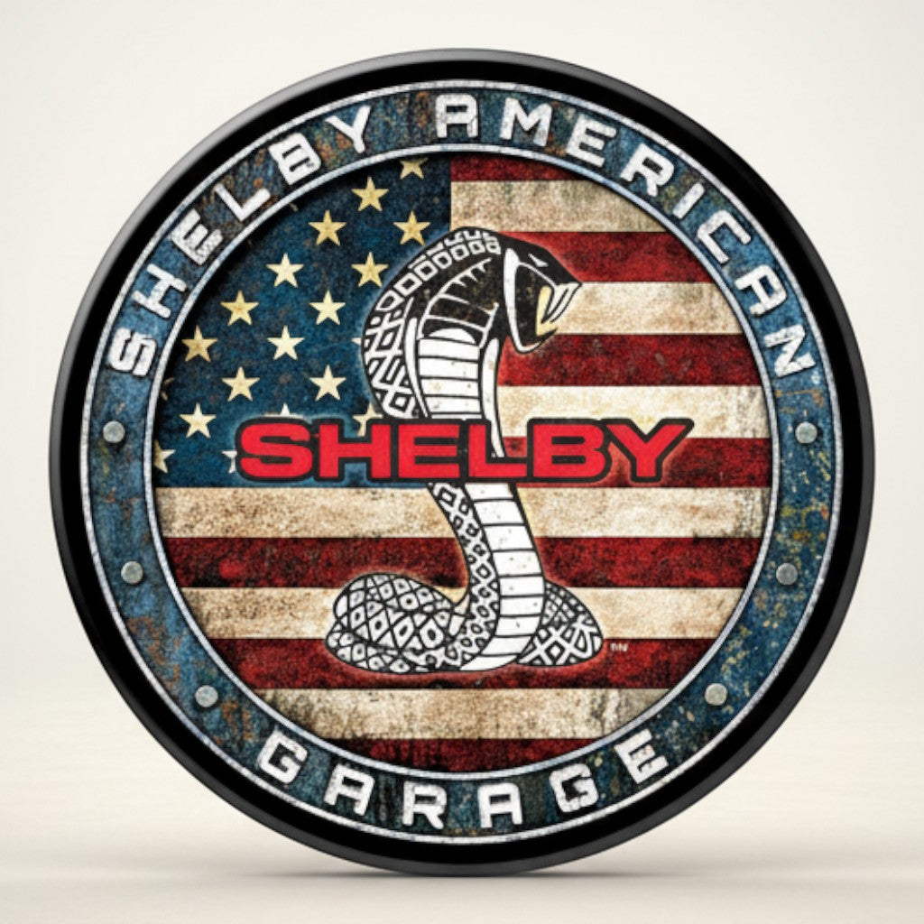 Jones Peak Shelby American Garage Magnet featuring a cobra on a distressed American flag. Round metal magnet.