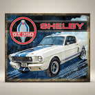 Jones Peak Shelby GT350 vintage wall sign featuring a white classic car with blue racing stripes.