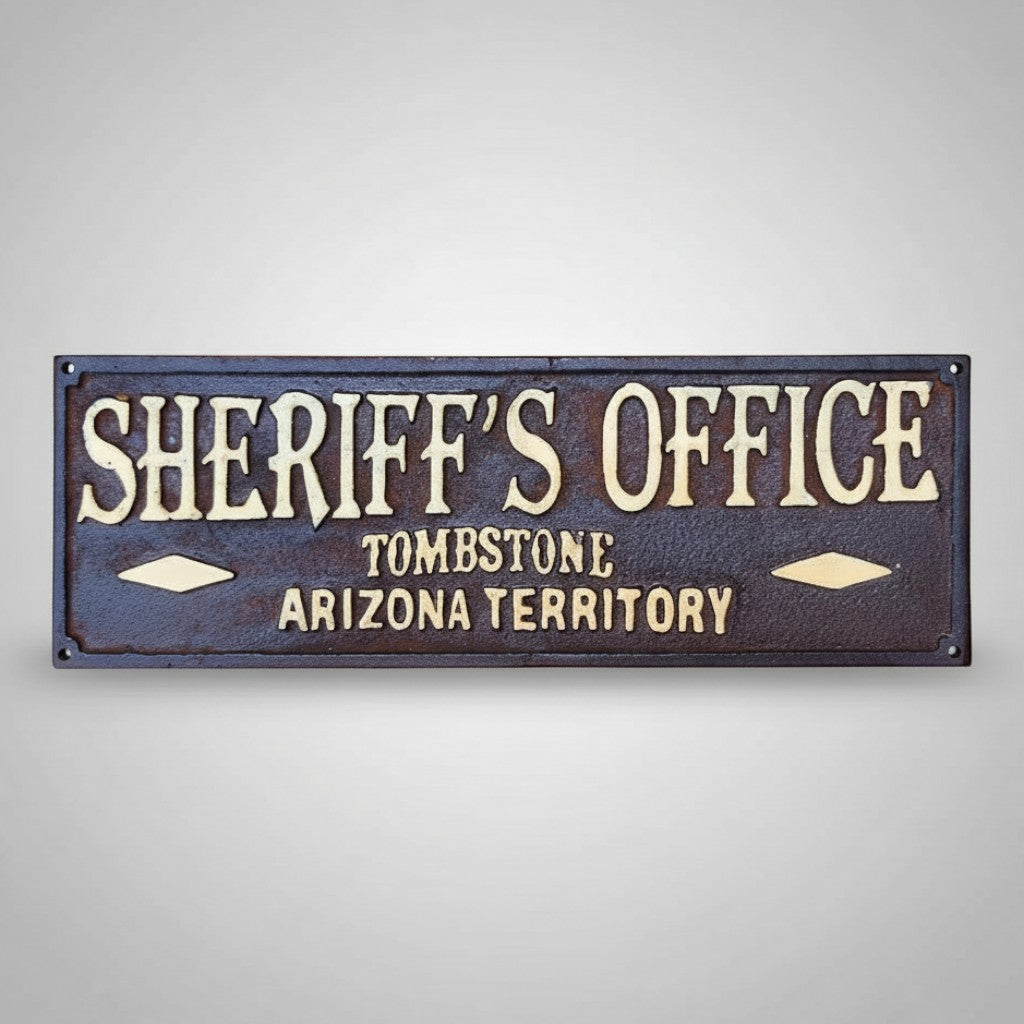 Jones Peak cast iron Sheriff's Office Tombstone Arizona Territory plaque with raised gold lettering and antique patina.