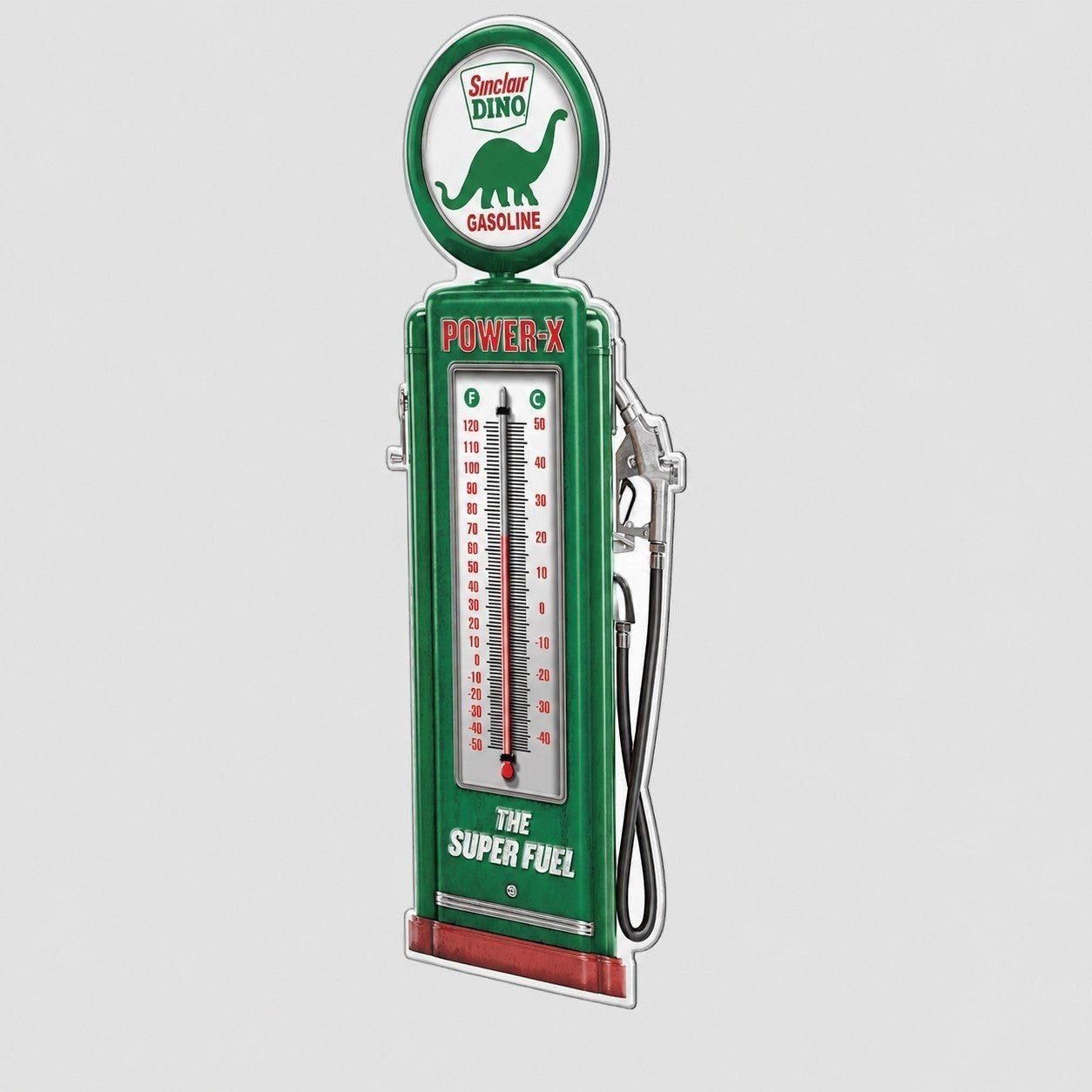 Jones Peak Sinclair Dino Gasoline embossed metal wall thermometer with vintage green gas pump design