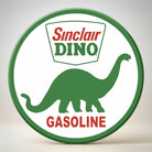 Jones Peak Sinclair Dino Gasoline round metal magnet with green dinosaur silhouette and red text.