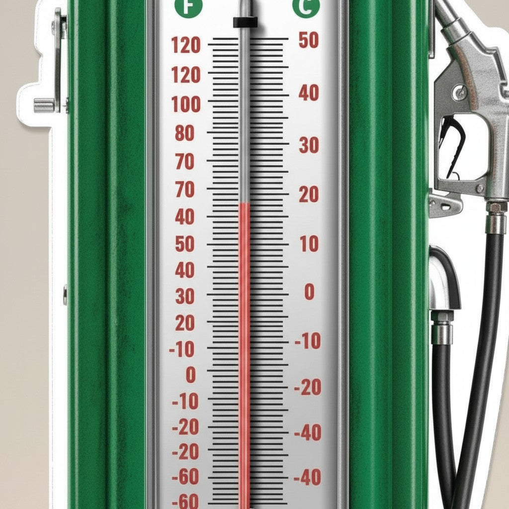 Jones Peak Sinclair Dino gasoline pump thermometer in embossed green metal with vintage graphic design