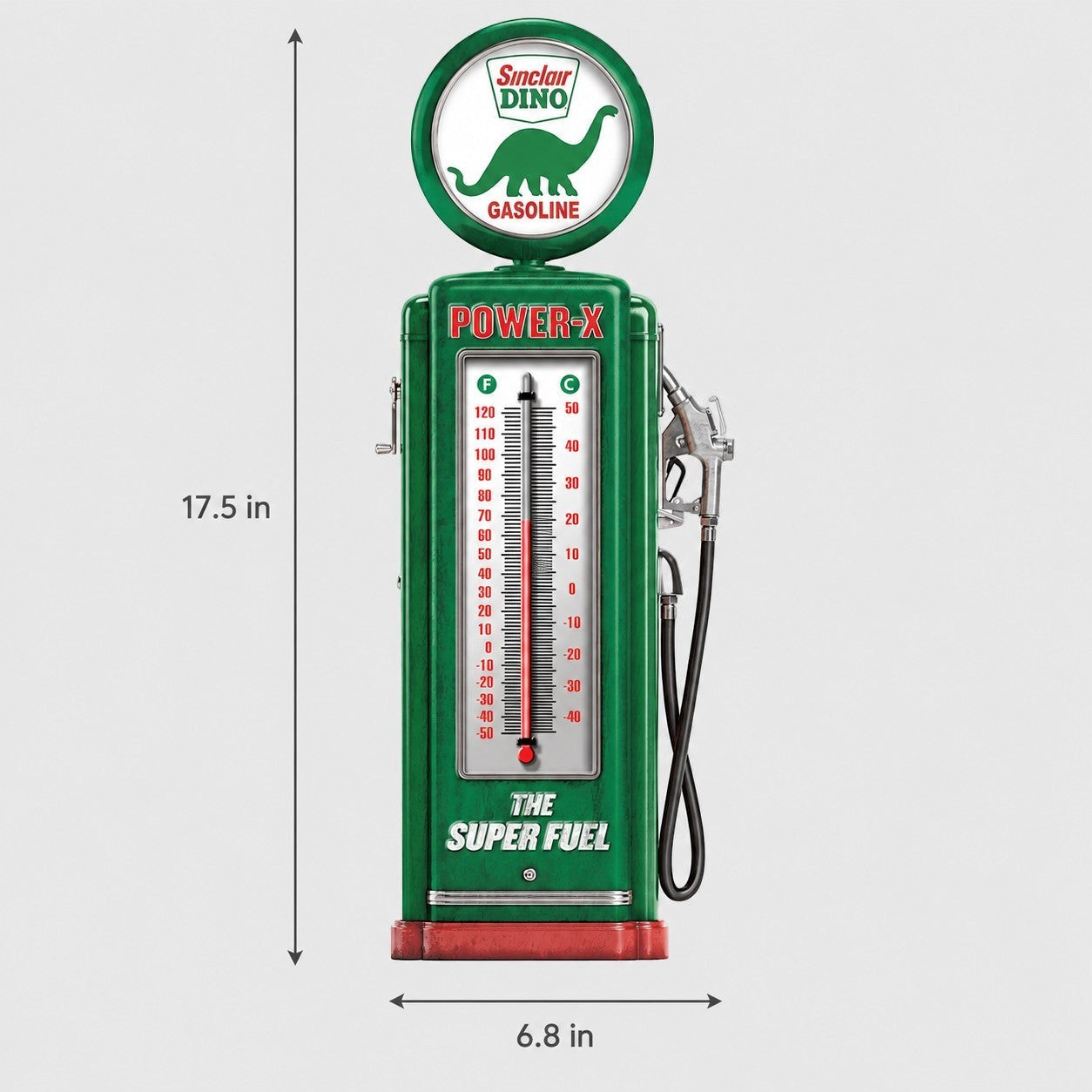 Jones Peak Sinclair Dino gasoline pump thermometer in green embossed metal with vintage Power-X branding.