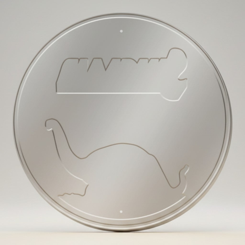 Jones Peak ROUND - Sinclair Opaline Metal Sign, silver embossed dinosaur and text.