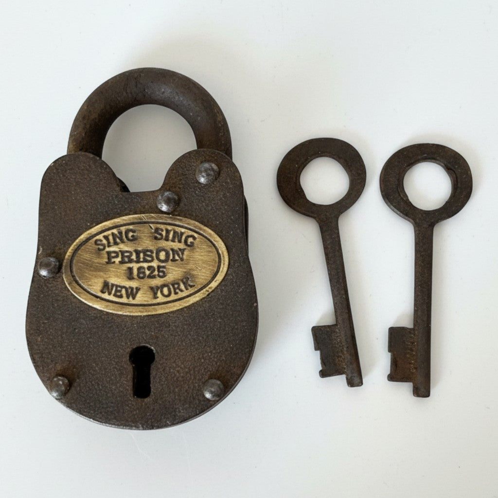 Jones Peak decorative cast iron Sing Sing Prison 1825 padlock with two keys and an antiqued brass tag.