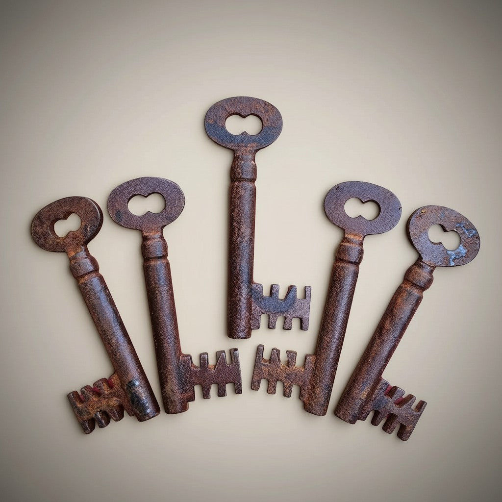 Jones Peak set of 5 dungeon cast iron skeleton keys with antique distressed finish, 4.25" long.