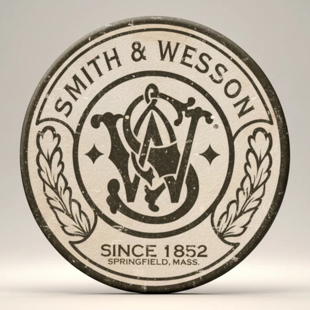 Jones Peak Smith & Wesson vintage round metal magnet with S&W logo and "Since 1852 Springfield, Mass."