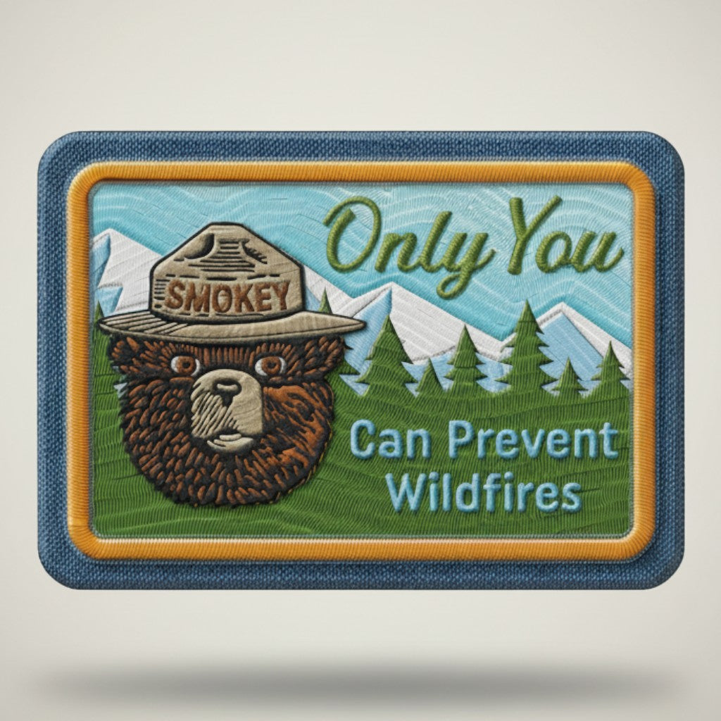 Jones Peak Smokey Bear magnet with "Only You Can Prevent Wildfires" text. Features Smokey Bear in his hat against a mountain and forest background.
