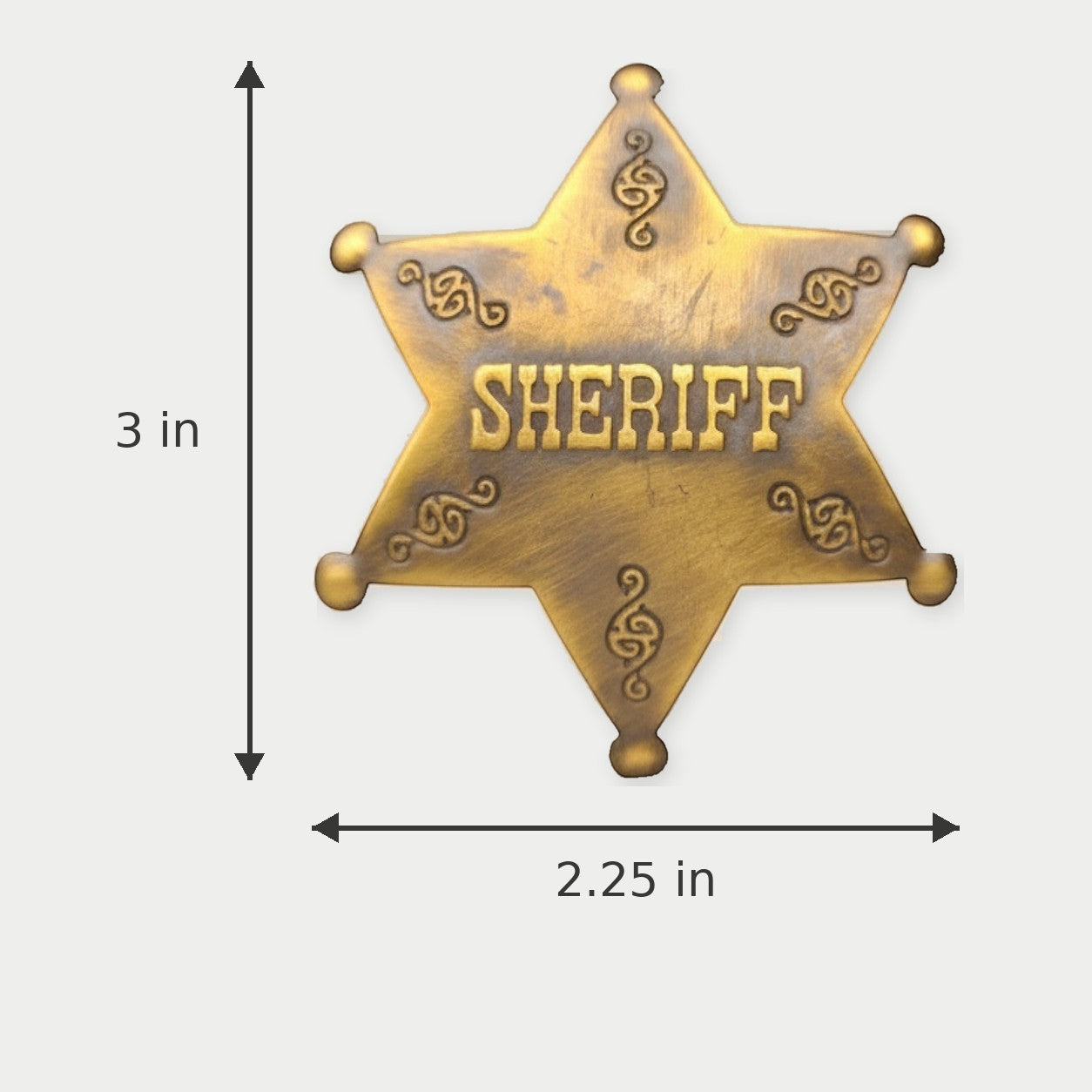 Jones Peak solid brass sheriff star badge with an antiqued finish, featuring embossed scrollwork and lettering.