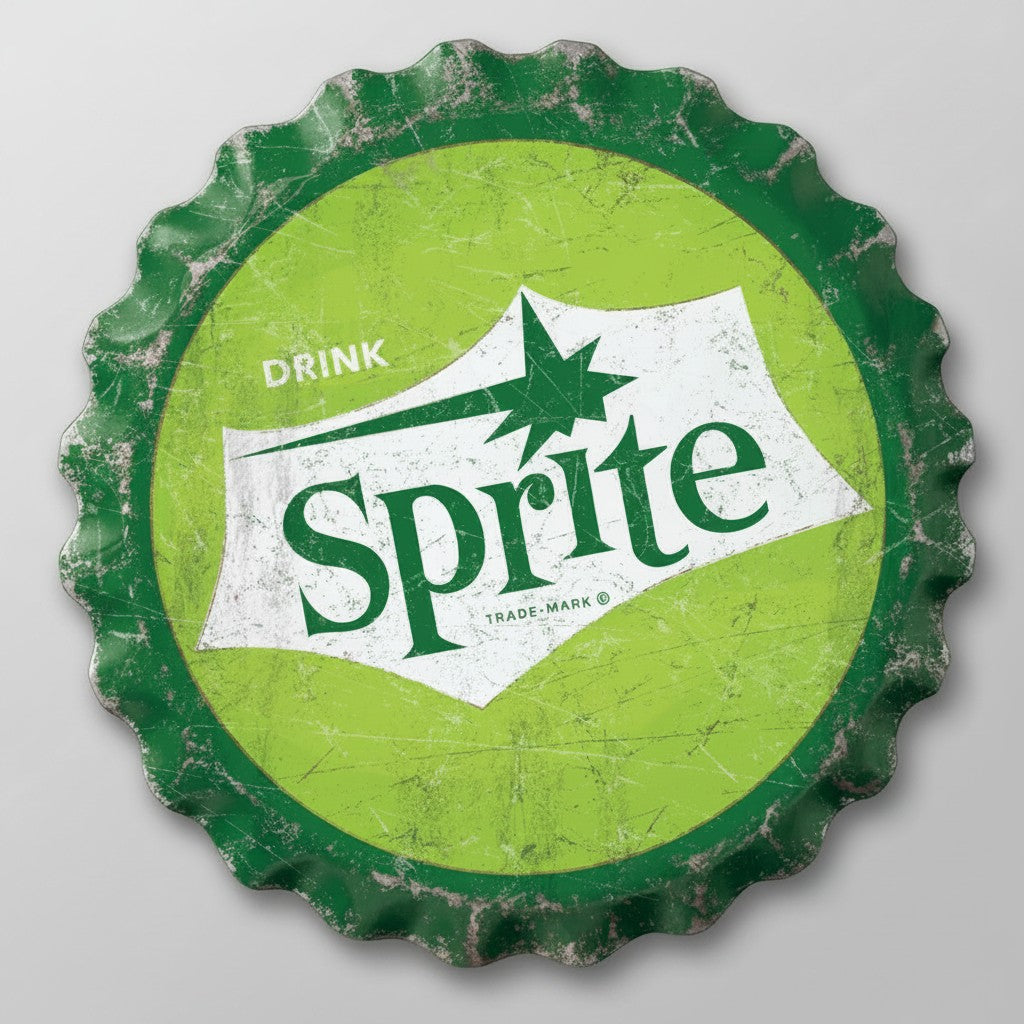 Jones Peak Sprite bottle cap metal sign with a green and white distressed vintage logo and scalloped edges.