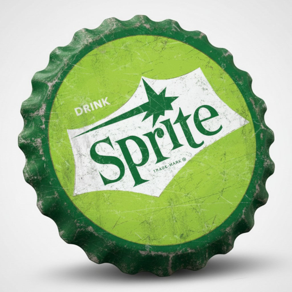 Jones Peak Sprite bottle cap metal sign with a green and white distressed vintage logo and scalloped edge design.