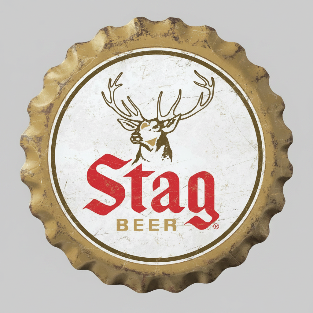 Jones Peak Stag Beer metal wall sign shaped like a vintage bottle cap with a distressed gold and white finish.