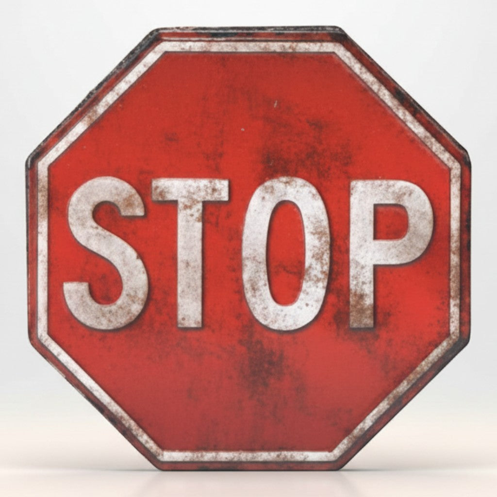Jones Peak Stop Sign Red Embossed Metal Magnet. vintage-inspired, octagonal metal sign with distressed red finish and white lettering.
