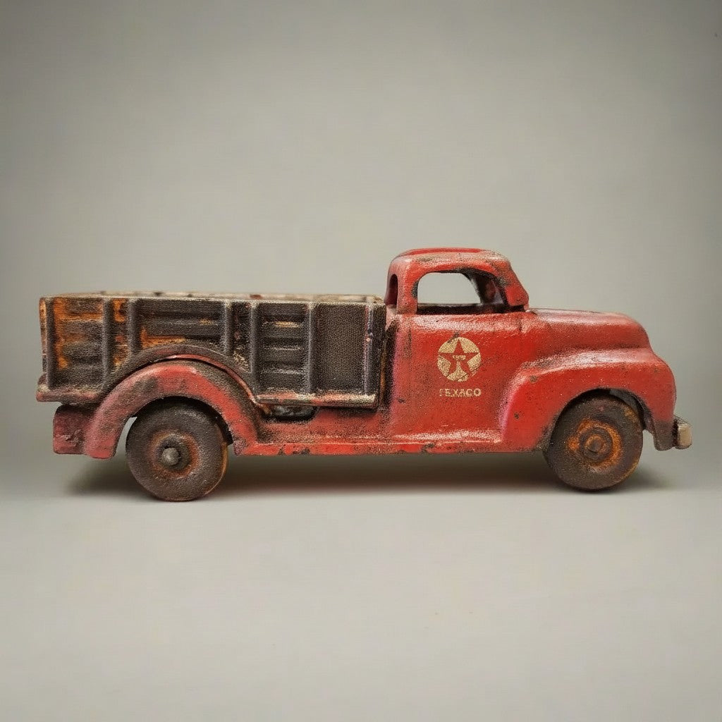 Jones Peak Texaco 1902 cast iron toy truck with a red hand-painted antique patina finish and functional wheels.