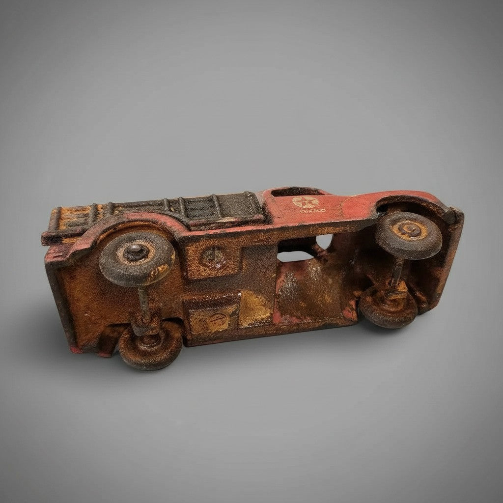 Jones Peak vintage Texaco cast iron toy truck with a distressed antique red paint finish and functional wheels