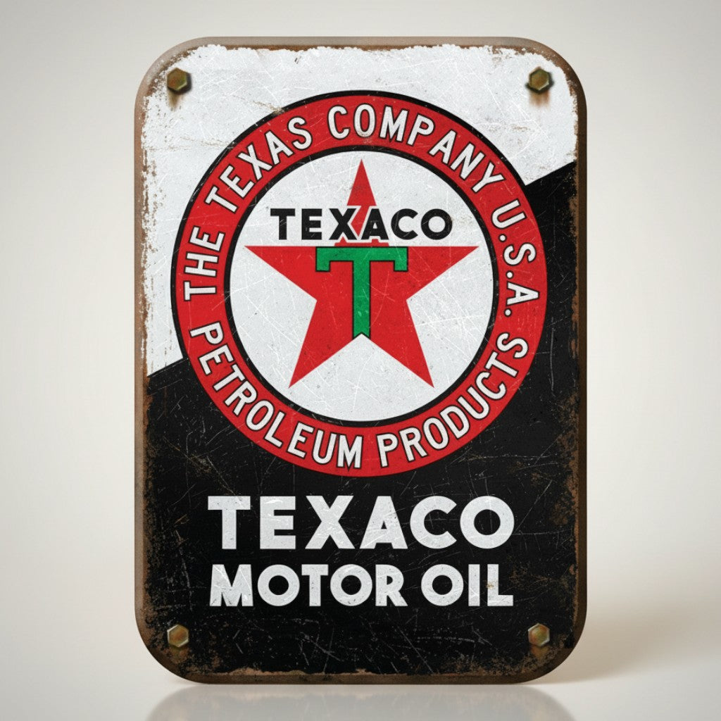 Jones Peak Texaco Motor Oil vintage metal magnet with red star logo and distressed finish.