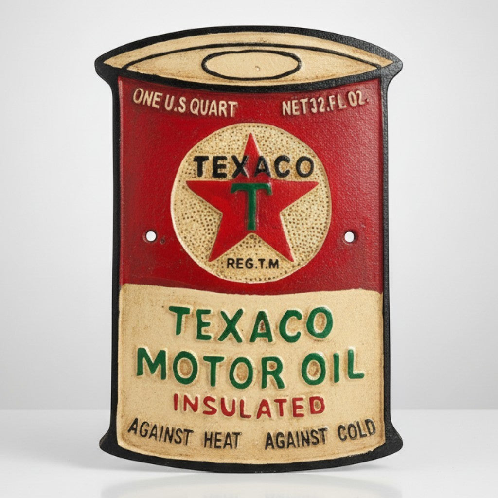 Jones Peak aluminum plaque shaped like a Texaco Motor Oil can, with red and cream colors and vintage patina.