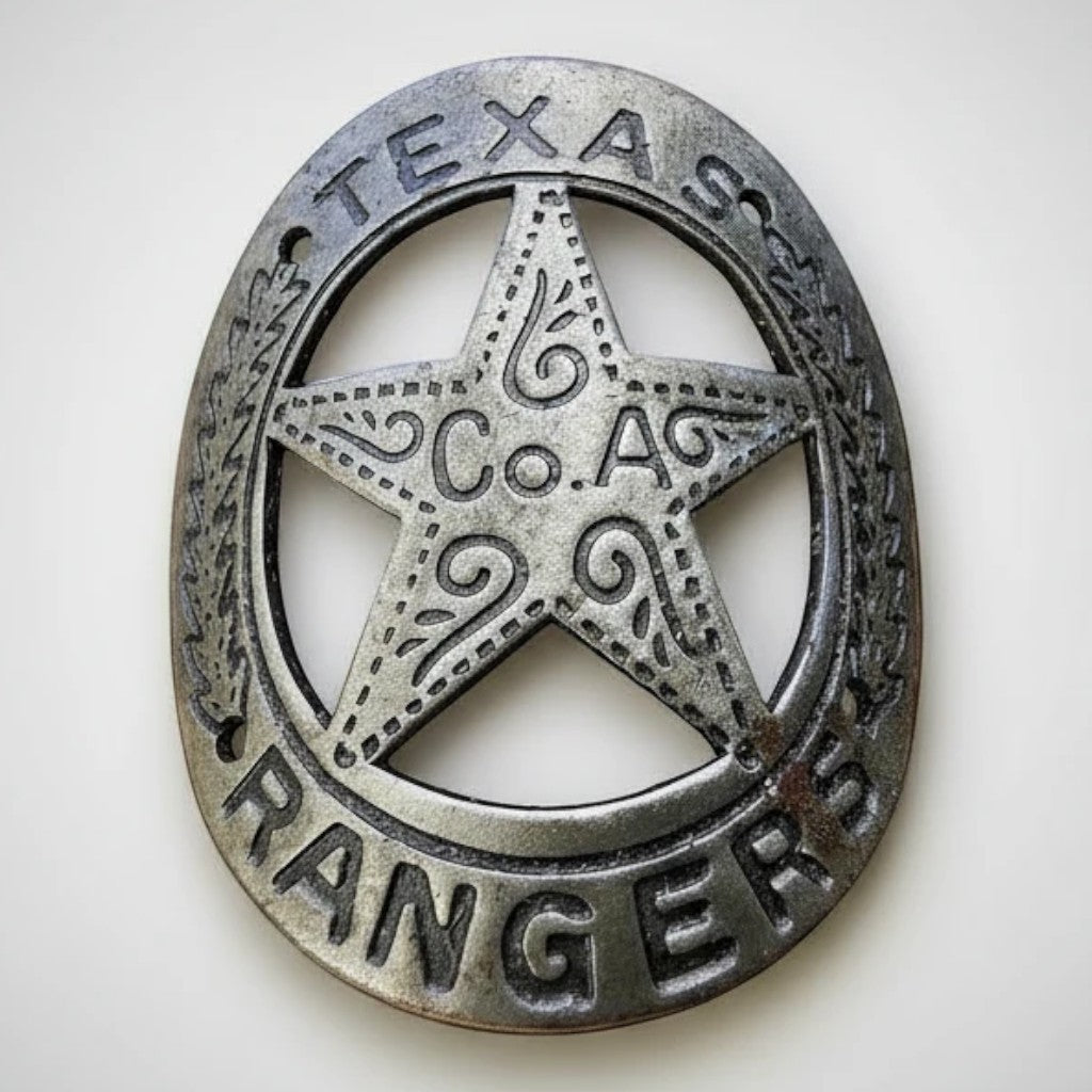 Jones Peak Texas Rangers metal badge, hand-antiqued finish, decorative reproduction for costumes and displays.