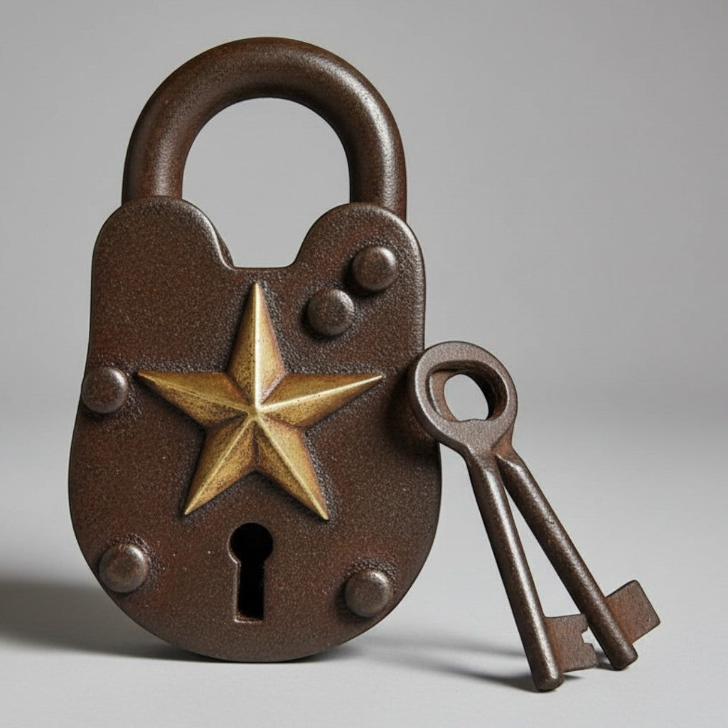 Jones Peak vintage-style brass padlock with embossed star and two keys, featuring a hand-antiqued distressed finish.