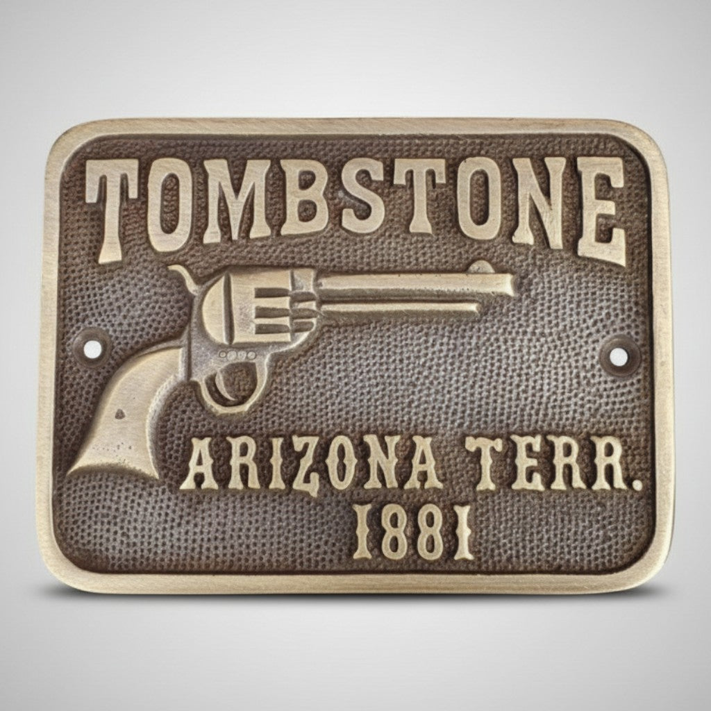 Jones Peak Tombstone Arizona Territory solid brass plaque with raised details and antique finish, featuring a vintage revolver.